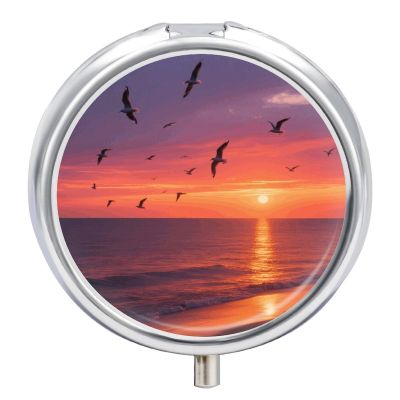 Pill Box Small Pill Organizer with 3 Compartments and Mirror Beach Ocean Scenery Round Portable Travel Metal Pillcase for Pocket Or Purse, Privacy-Protecting Medicine Box