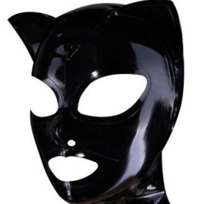 WJPTDKJ Black Latex Cat Face Hood Masks Rubber Head Mask Open Eyes Mouth Back Zipper BDSM Unisex Fetish for Cosplay(Size:XXL-73CM)