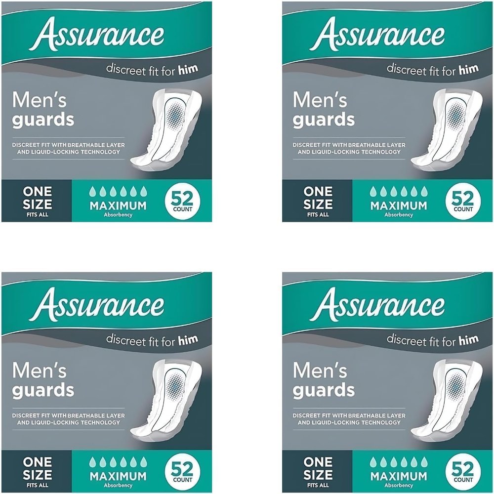 Assurance Male Incontinence Guards, Maximum Absorbent Pads, 52 Count (Pack of 4)