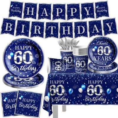 142 Pcs 60th Birthday Tableware Sliver Blue 60th Birthday Party Decoration