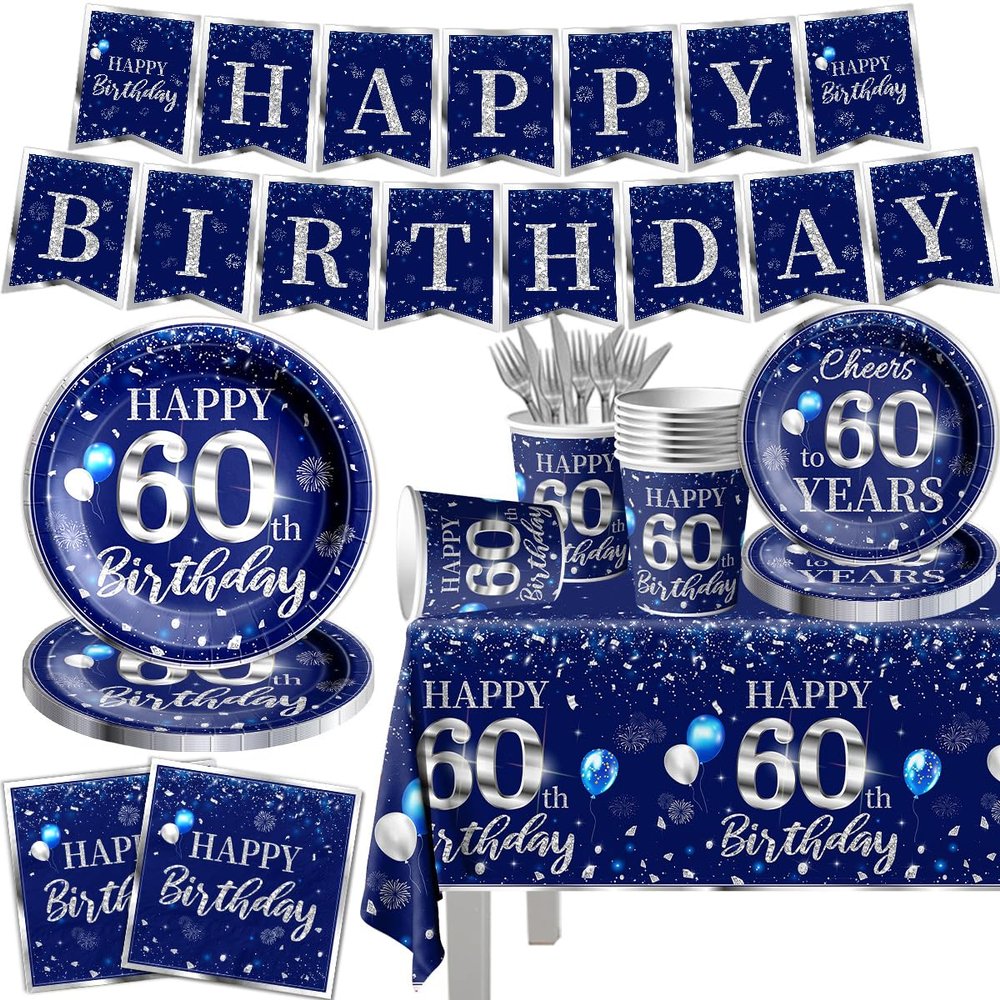 142 Pcs 60th Birthday Tableware Sliver Blue 60th Birthday Party Decoration