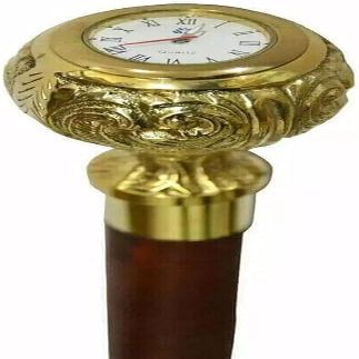 37'' Stick Cane with Built-in Quartz Clock, Brass Handle, Wooden Shaft, Collectible Gift