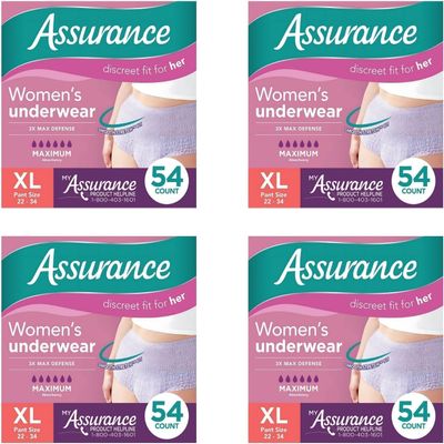 Assurance XL Disposable Underwear for Women 54 Count, Maximum Leak Protection (Pack of 4)