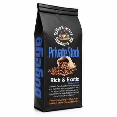 Bugeye Coffee Roasters Private Stock, Rich & Exotic Medium Roast Coffee, Honduras & Colombian Estate Coffee Blend, Chocolate, Caramel & Roasted Almond Notes, 12 oz