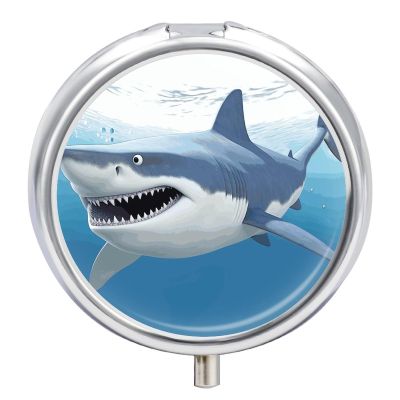 Personalized Round Metal Pill Box, 3-Compartment Portable White Shark Pill Organizer for Purse, Travel Vitamins, Medication, Fish Oil & Supplements Pill Case