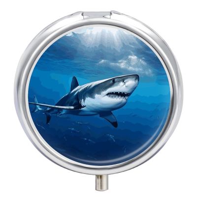 Personalized Round Metal Pill Box, 3-Compartment Portable Ocean Sea Animal Shark Pill Organizer for Purse, Travel Vitamins, Medication, Fish Oil & Supplements Pill Case