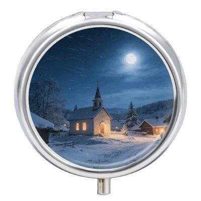 Silent Night Round Pill Box with Mirror 3 Compartment Portable Pill Case for Travel Outdoor Use Cute Small Pill Organizer for Pocket Or Purse
