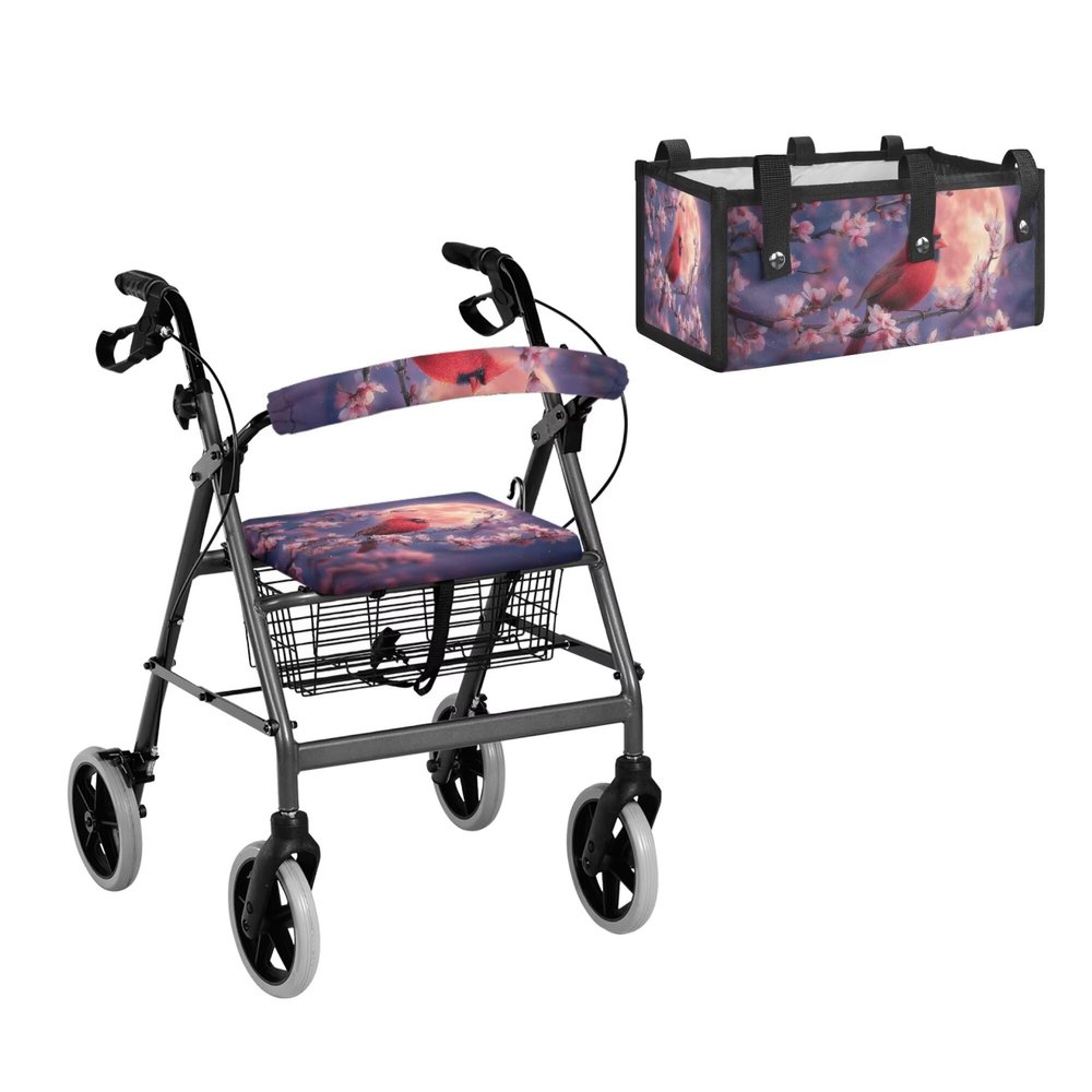 LACIYISON Cardinal Flower Moon Print 3-Piece Rollator Accessories Set, Walker Seat and Backrest Cover, Under-Seat Storage Bag, Easy to Install Rollator Walker Accessories for Seniors
