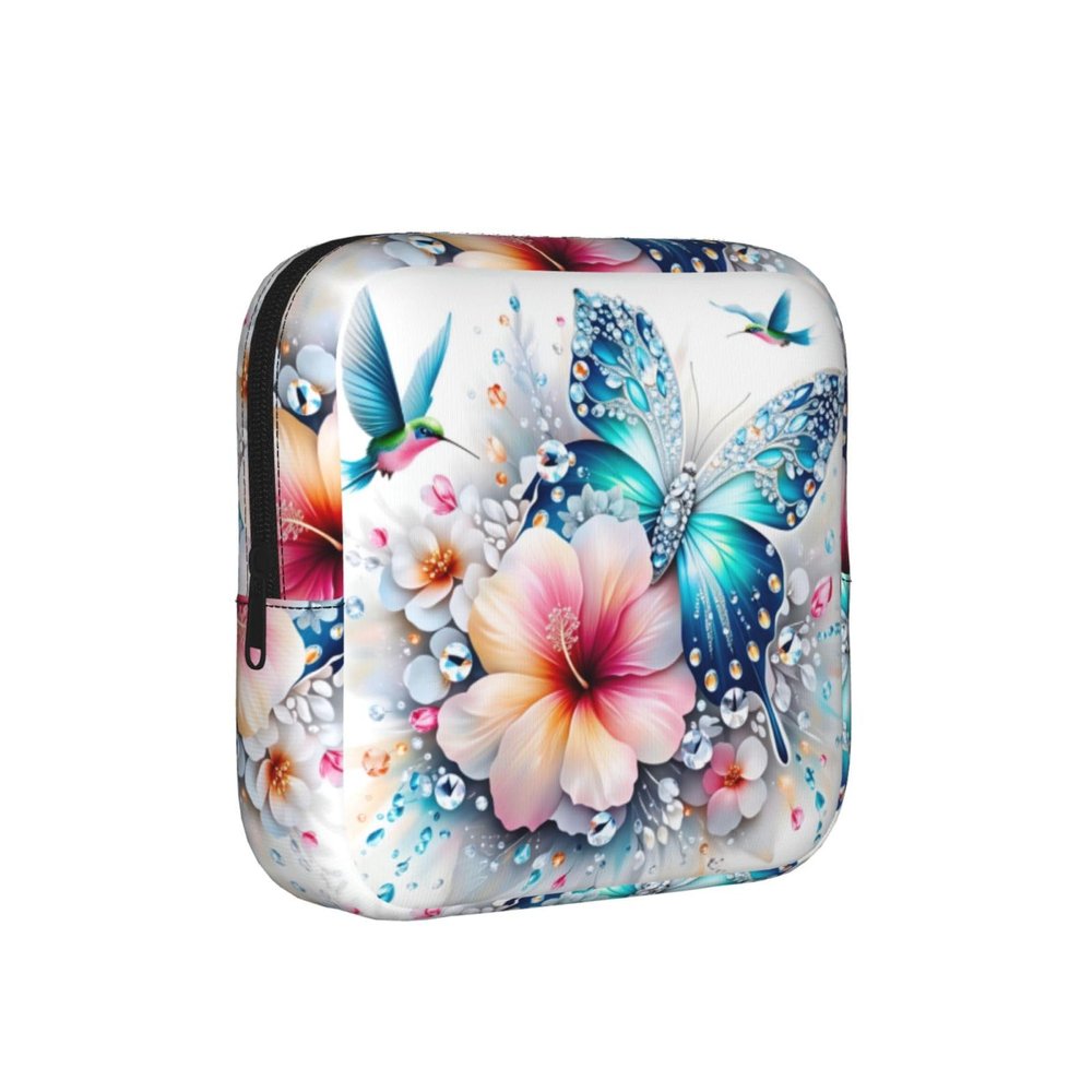 Diamond Butterflies and Flowers Period Pouch for Purse - Portable Sanitary Napkin Storage Bag for Women, Small Makeup Case for Gym, Travel, and Daily Use