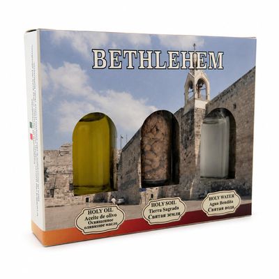 Holy Land Blessing Gift Set 3-Piece Spiritual Elements Trio with Blessed Olive Oil, Sacred Jerusalem Soil & Jordan River Holy Water Traditional Religious Souvenir (Bethlehem)
