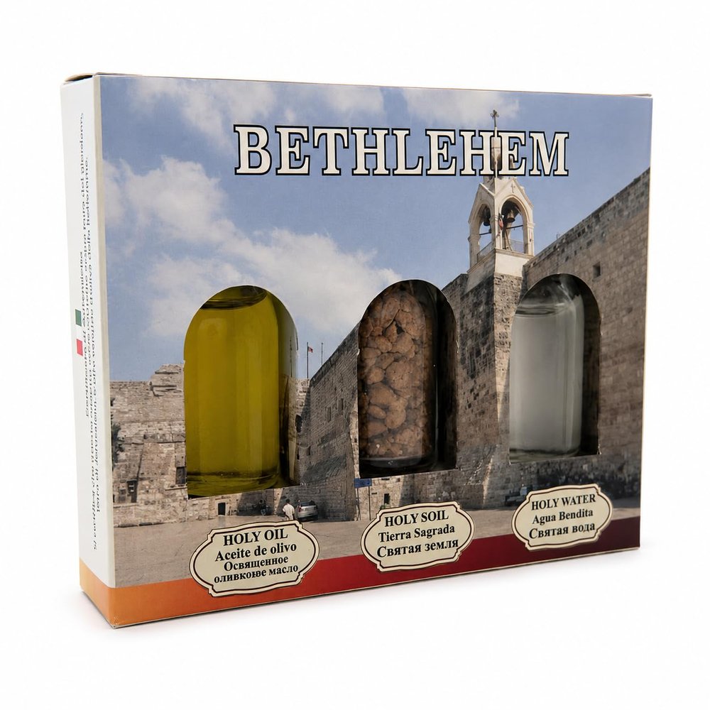 Holy Land Blessing Gift Set 3-Piece Spiritual Elements Trio with Blessed Olive Oil, Sacred Jerusalem Soil & Jordan River Holy Water Traditional Religious Souvenir (Bethlehem)