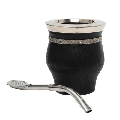 BALIBETOV Wooden Mate Gourd with Bombilla | Handmade Argentine Camionero Mate Cup | Engraved Alpaca Silver Band | Cured Black Hardwood