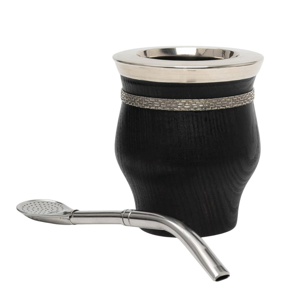 BALIBETOV Wooden Mate Gourd with Bombilla | Handmade Argentine Camionero Mate Cup | Engraved Alpaca Silver Band | Cured Black Hardwood