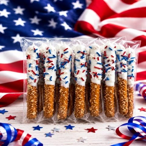 Chocolate Covered Pretzel Rods 18 Pieces (4th of July 1/2 Size)