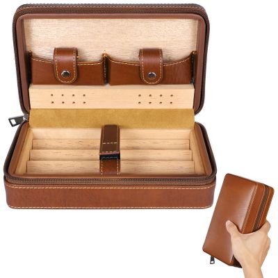 Tressify Cigar Humidor for 4 Cigars, Portable Leather Cigar Case with Cedar Wood Lining, Zippered Travel Cigar Bag for Cigars and Accessories, Cedar Wood Finish
