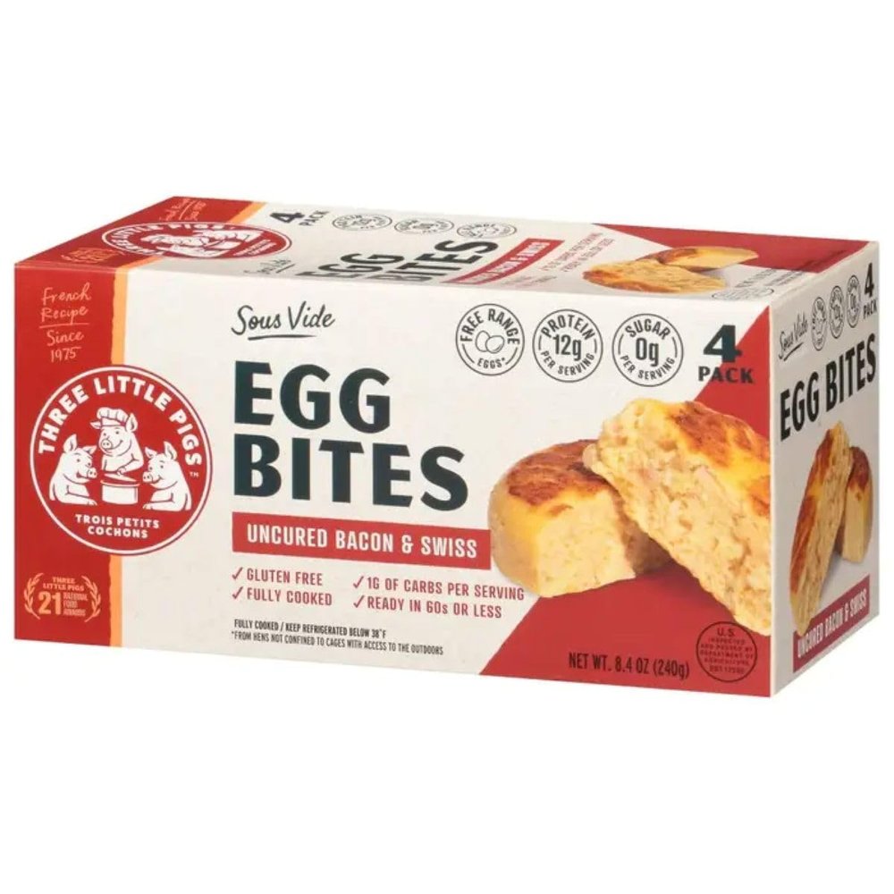 Three Little Pigs Gourmet Egg Bites, Bacon and Swiss Cheese, Sous-Vide, 6 count of 8.4 oz each, Gluten-Free, Ready to Serve