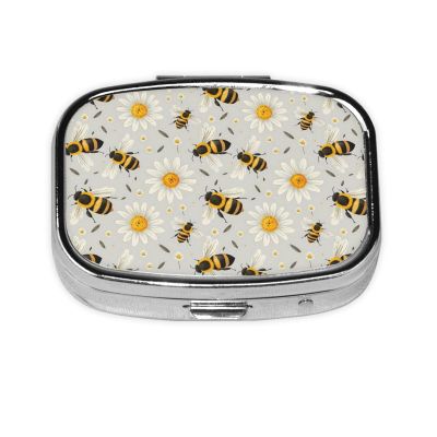 Nuzjahu Cartoon Daisies and Bumblebees Print Pill Organizer 2 Compartment Small Pill Box Compact Travel Pill Case with Mirror Portable Pill Container for Cod Liver Oil, Vitamin, Supplement