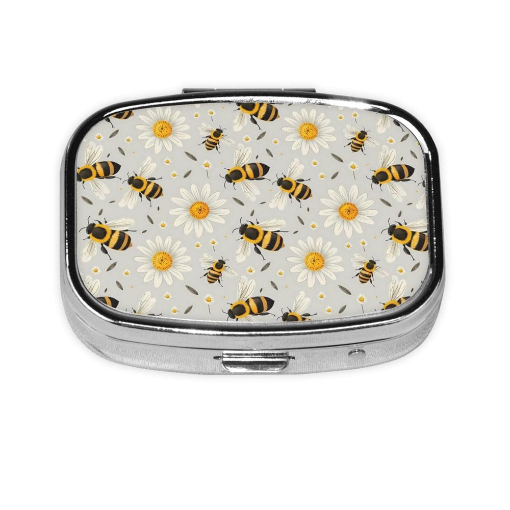 Nuzjahu Cartoon Daisies and Bumblebees Print Pill Organizer 2 Compartment Small Pill Box Compact Travel Pill Case with Mirror Portable Pill Container for Cod Liver Oil, Vitamin, Supplement