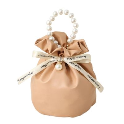 Solid Color PU Drawstring Woven Handbag Packing Bag Pearl Handle Wrist Storage Bucket Wedding Candy 1410.510.5cm(Color-09)