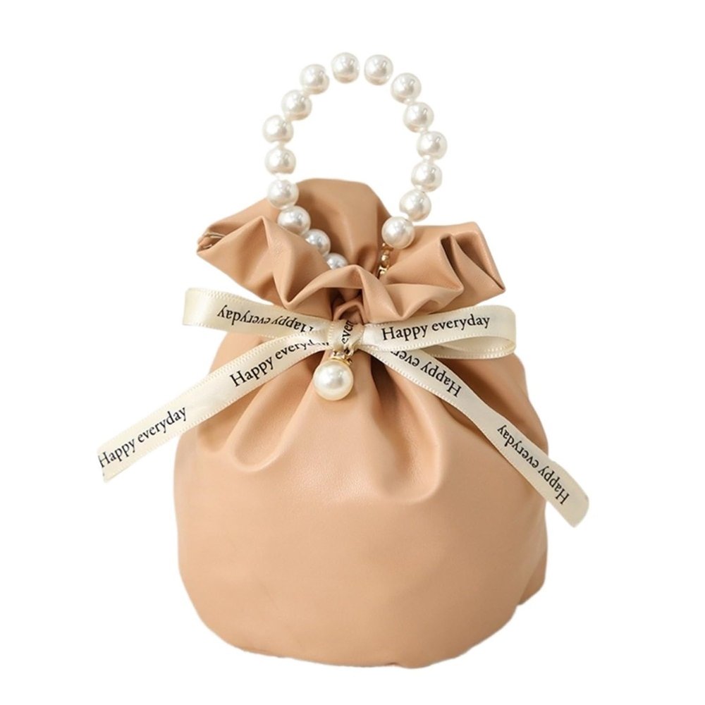 Solid Color PU Drawstring Woven Handbag Packing Bag Pearl Handle Wrist Storage Bucket Wedding Candy 1410.510.5cm(Color-09)
