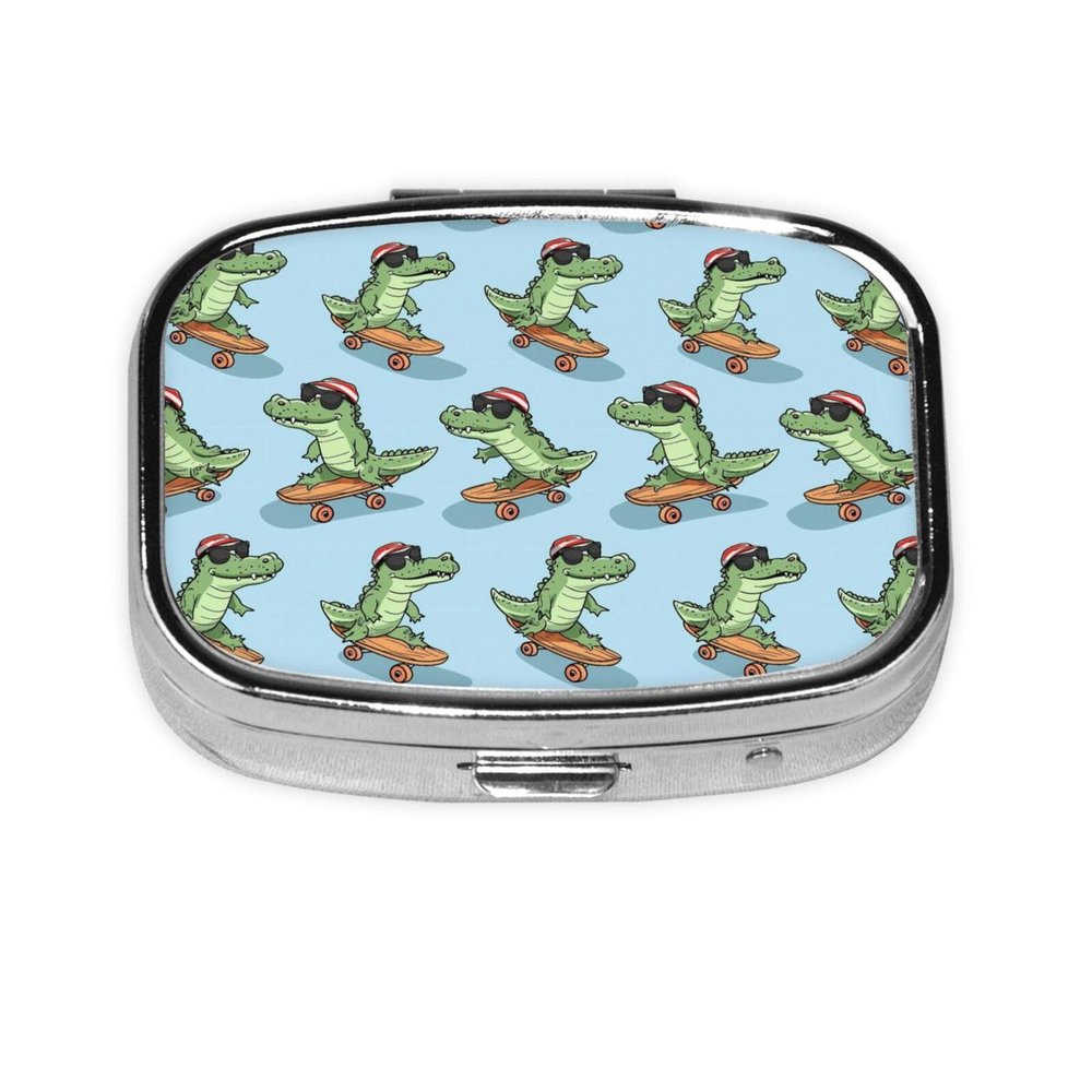 Nuzjahu Cute Cartoon Crocodile Skateboard Print Pill Organizer 2 Compartment Small Pill Box Compact Travel Pill Case with Mirror Portable Pill Container for Cod Liver Oil, Vitamin, Supplement