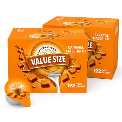 Delight Caramel Macchiato, 2 Boxes, Coffee Creamer Singles, 192 CT each, Shelf Stable, Great for Office and Restraurants