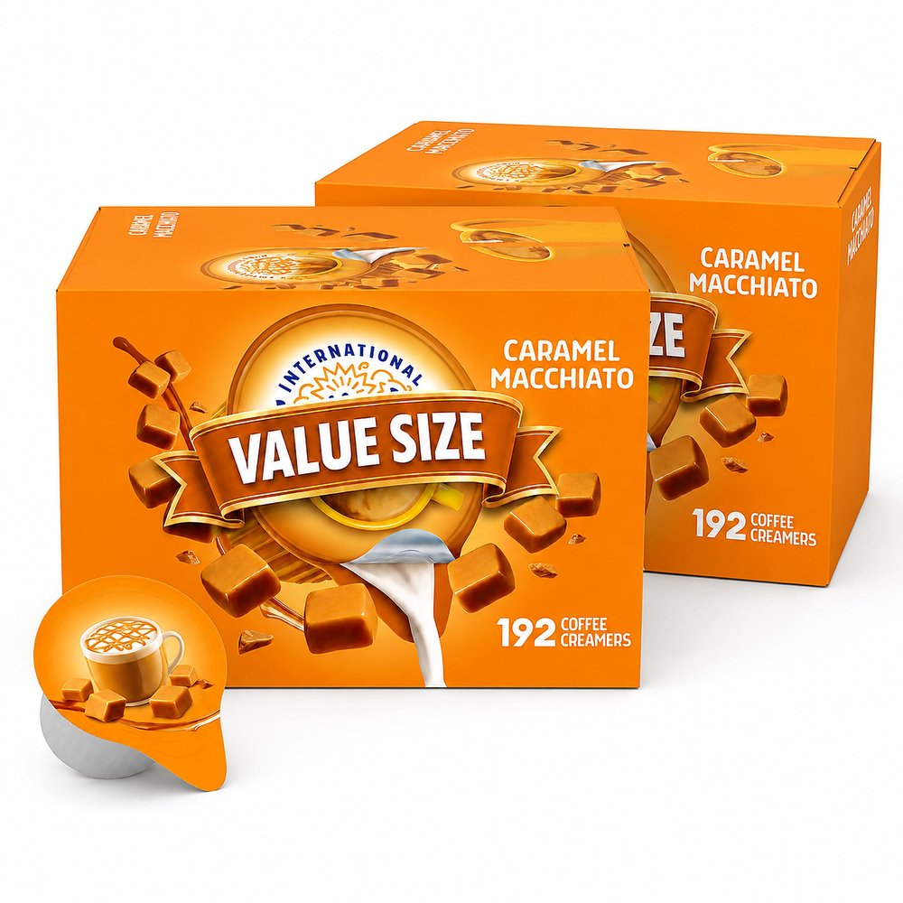 Delight Caramel Macchiato, 2 Boxes, Coffee Creamer Singles, 192 CT each, Shelf Stable, Great for Office and Restraurants