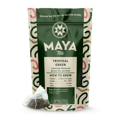 Maya Tea Tropical Green Tea Sachets, Naturally Flavored Green Tea with Mango & Passionfruit Notes, Naturally Caffeinated Tea Bags, 20 Biodegradable Pyramid Sachets