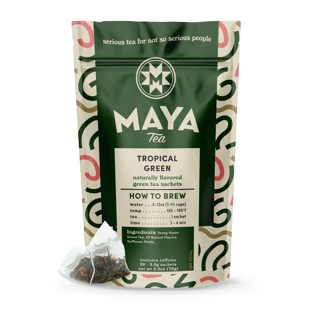 Maya Tea Tropical Green Tea Sachets, Naturally Flavored Green Tea with Mango & Passionfruit Notes, Naturally Caffeinated Tea Bags, 20 Biodegradable Pyramid Sachets