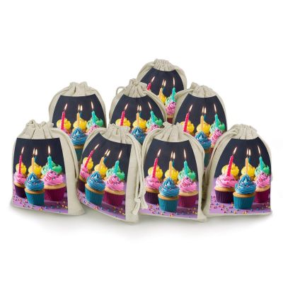 FekiLoot Small Burlap Bags with Drawstring Jute Bag Reusable Cotton Linen Gift Bags 5x7 Inch Colorful Happy Birthday Cupcakes Printing Jewelry Pouches Sacks for Wedding,Party, Valentine Decor, 8Pcs