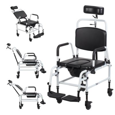 Shower Commode Wheelchair, Reclining Showers Chairs with Wheels, Bedside Commode Chairs,Shampoo Bath Seat with Headrest Bucket,Rolling Toilet Transport Aid for Elderly Disabled Adults Black White