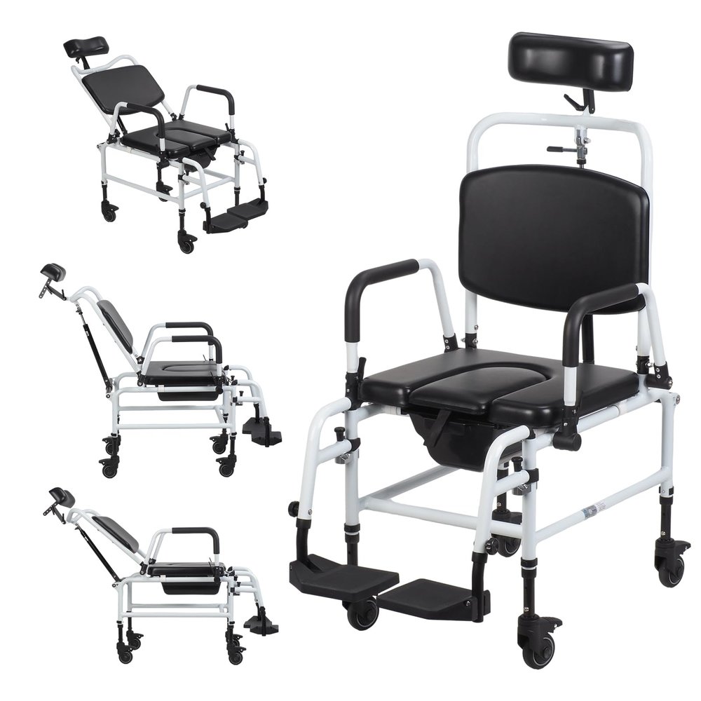 Shower Commode Wheelchair, Reclining Showers Chairs with Wheels, Bedside Commode Chairs,Shampoo Bath Seat with Headrest Bucket,Rolling Toilet Transport Aid for Elderly Disabled Adults Black White