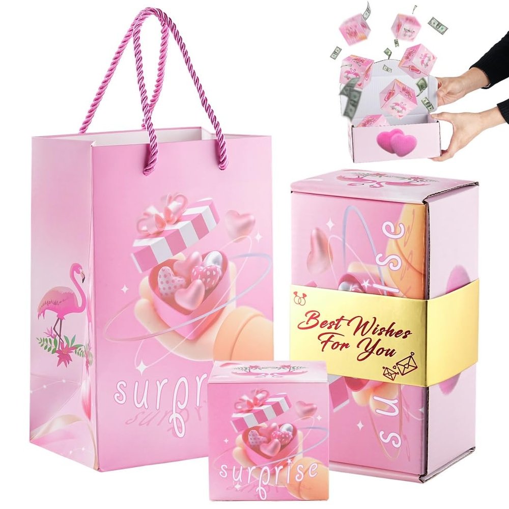 Sacolin Surprise Gift Box, Pink Pop Up Explosion Box with 10 Small Bouncing Boxes, Creative Folding Red Envelope Box for New Year, Valentine's Day, Birthday and Party Gifts