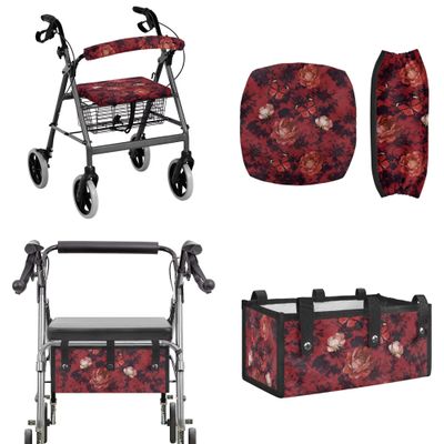 LACIYISON Red Butterfly Flower Print 3PCS Walker Accessories for Elderly Rollator Walker Seat and Backrest Cover, Under-Seat Storage Bag for Seniors