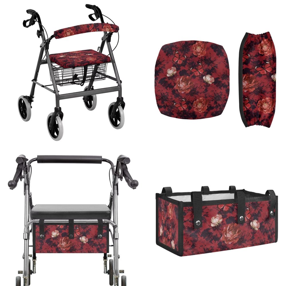 LACIYISON Red Butterfly Flower Print 3PCS Walker Accessories for Elderly Rollator Walker Seat and Backrest Cover, Under-Seat Storage Bag for Seniors