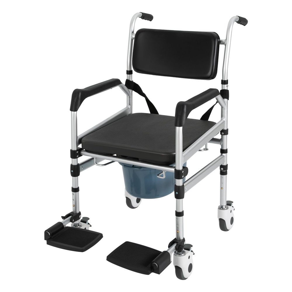 ChronosGear 352.74lbs Rolling Shower Wheelchair with Commode, Aluminum Alloy Heavy Duty Transport Chair, Adjustable Height Folding Bath Chair for Convenient Transportation (36.61-38.98in H)