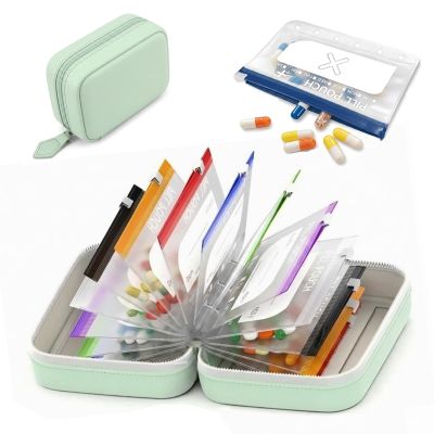 Travel Pill Organizer Binder with 14 Color-Coded Zipper Pouches(1Green)