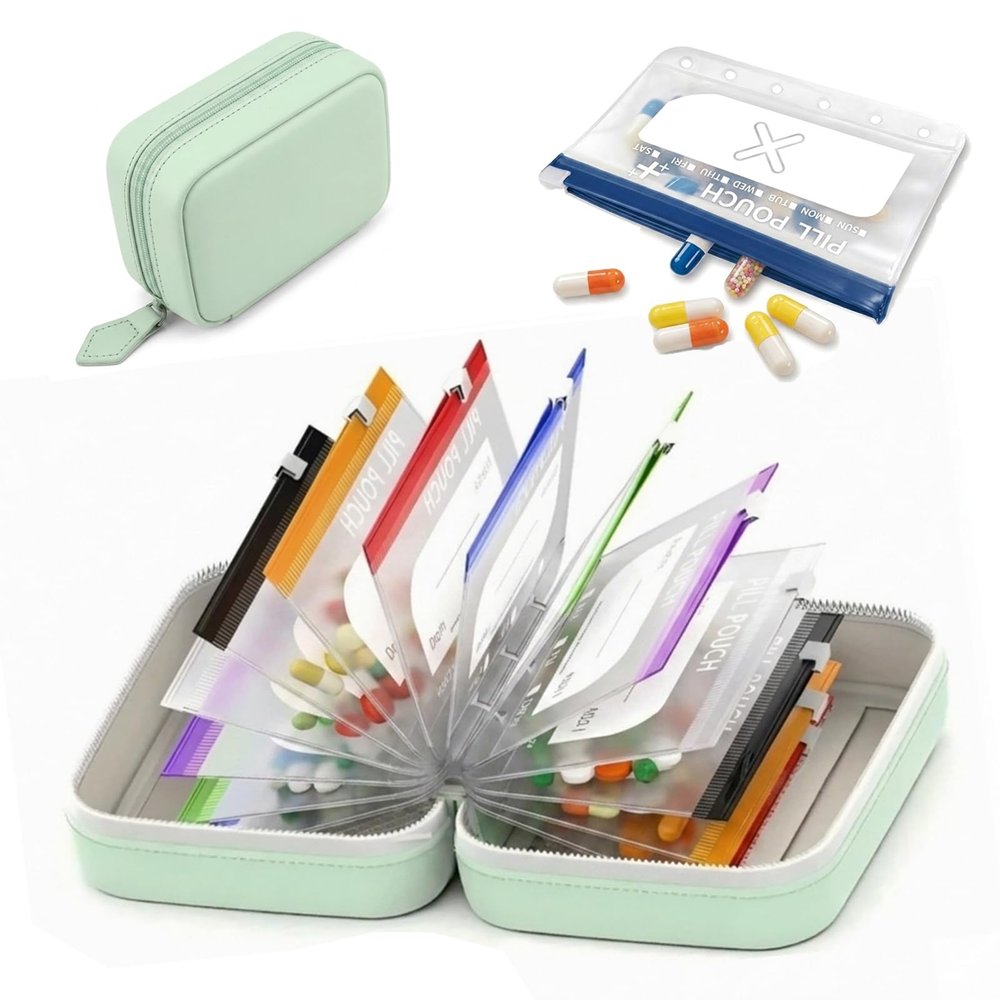 Travel Pill Organizer Binder with 14 Color-Coded Zipper Pouches(1Green)