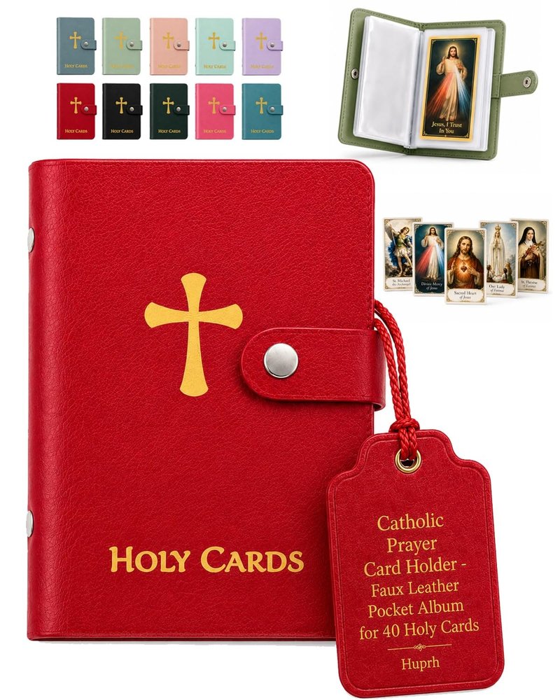 Catholic Prayer Card Holder - Faux Leather Pocket Album for 40 Holy Cards, Religious Protective Case Organizer with Clear Sleeves, Standard Size Memorial Booklet for Women and Men