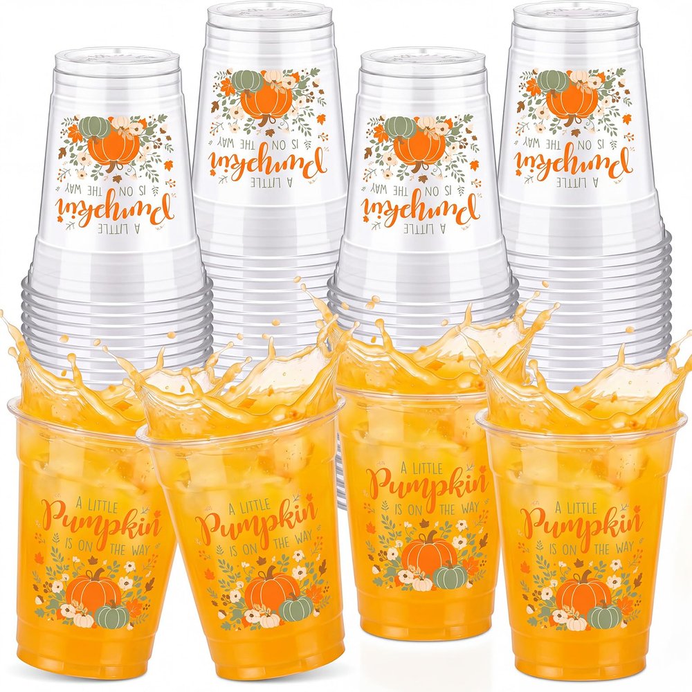Meanplan 12oz Baby Shower Party Plastic Cups A Little is On The Way Disposable Clear Cups for Thanksgiving Baby Shower Gender Reveal Supplies Decorations