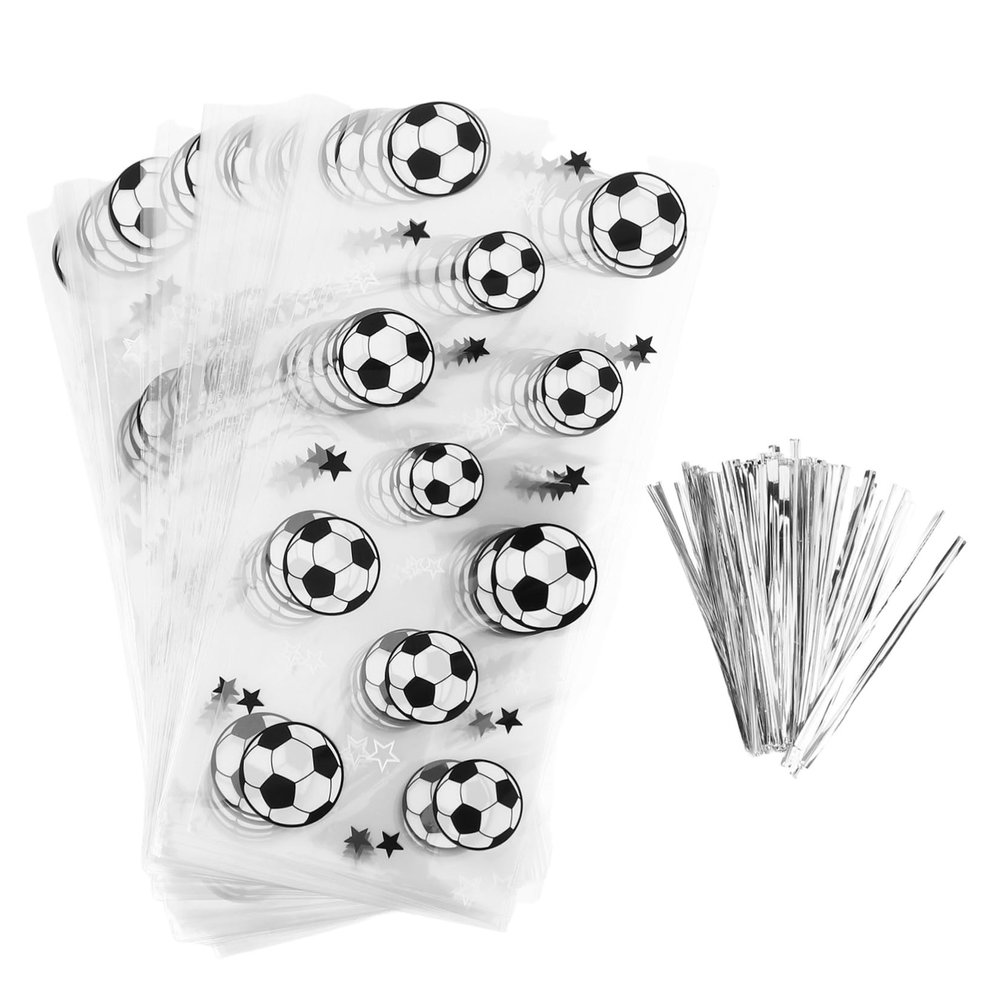 WESIEVYA 100pcs Soccer Party Favor Bags with Twist Ties Black and White Football Candy Goodie Treat Snack Bags for Birthday, Wedding, and Sports Event Packaging