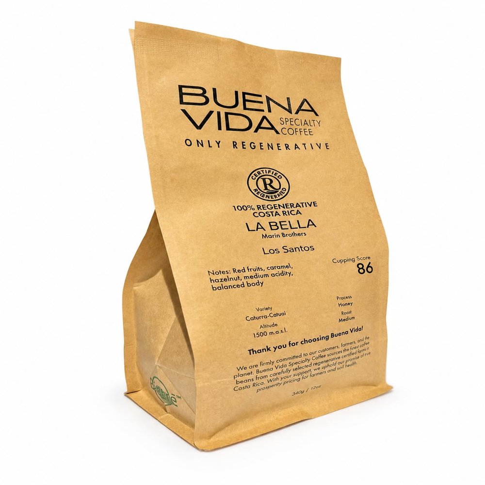 Buena Vida Specialty Coffee - La Bella Natural | 100% Certified Regenerative Costa Rican Coffee | Medium Roast, CaturraCatua | Specialty Grade (86 Score) | Whole Bean | 12 oz