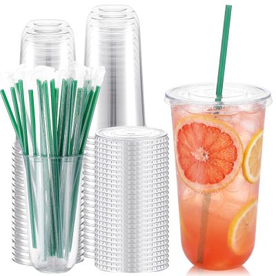 Ziliny 25 Pack 20 oz Clear Plastic Cups with Lids and Straws Disposable Iced Coffee Cups Round Bottom To carry Cup for Coffee Smoothie Cold Drinks Juice Milkshake Tea (Deep Green)