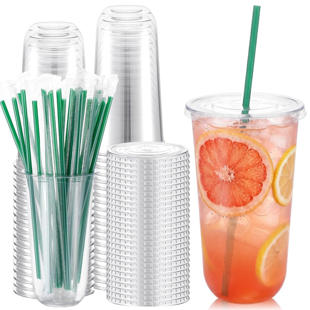 Ziliny 25 Pack 20 oz Clear Plastic Cups with Lids and Straws Disposable Iced Coffee Cups Round Bottom To carry Cup for Coffee Smoothie Cold Drinks Juice Milkshake Tea (Deep Green)