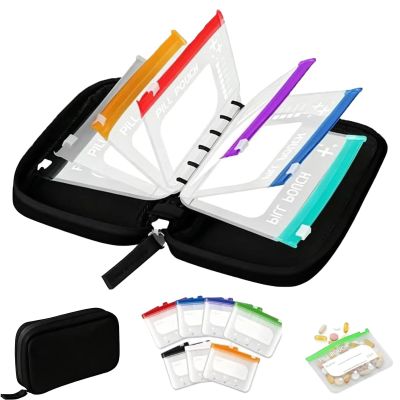 Waterproof Pill Pouch Organizer A8 Binder, Weekly Travel Pill Organizer with Color-Coded Bags, Reusable Zippered Pouches, Pocket Carrier Bag for Medication Storage (Black, 7 Pack)