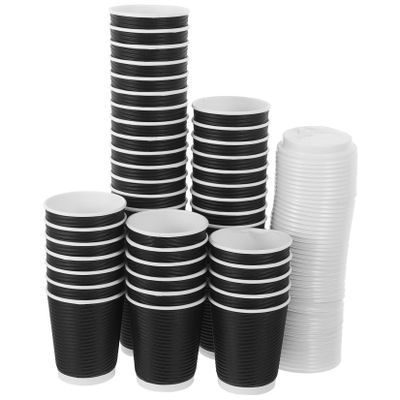 Toyvian 50pcs Disposable Insulated Paper Coffee Cups with Lids 250ml Black Corrugated Ripple Wall Portable Spill Prevention Cups for Morning Commutes and Travel