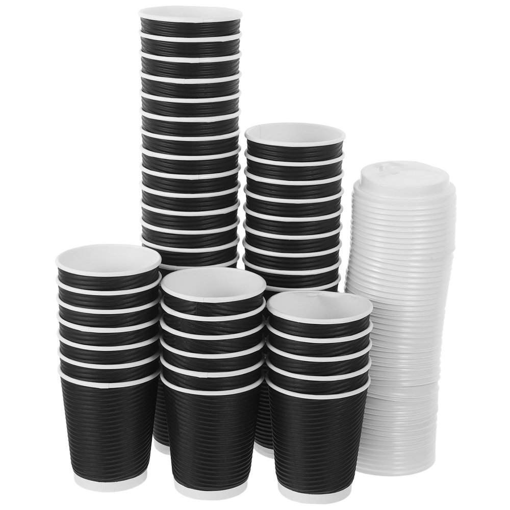 Toyvian 50pcs Disposable Insulated Paper Coffee Cups with Lids 250ml Black Corrugated Ripple Wall Portable Spill Prevention Cups for Morning Commutes and Travel