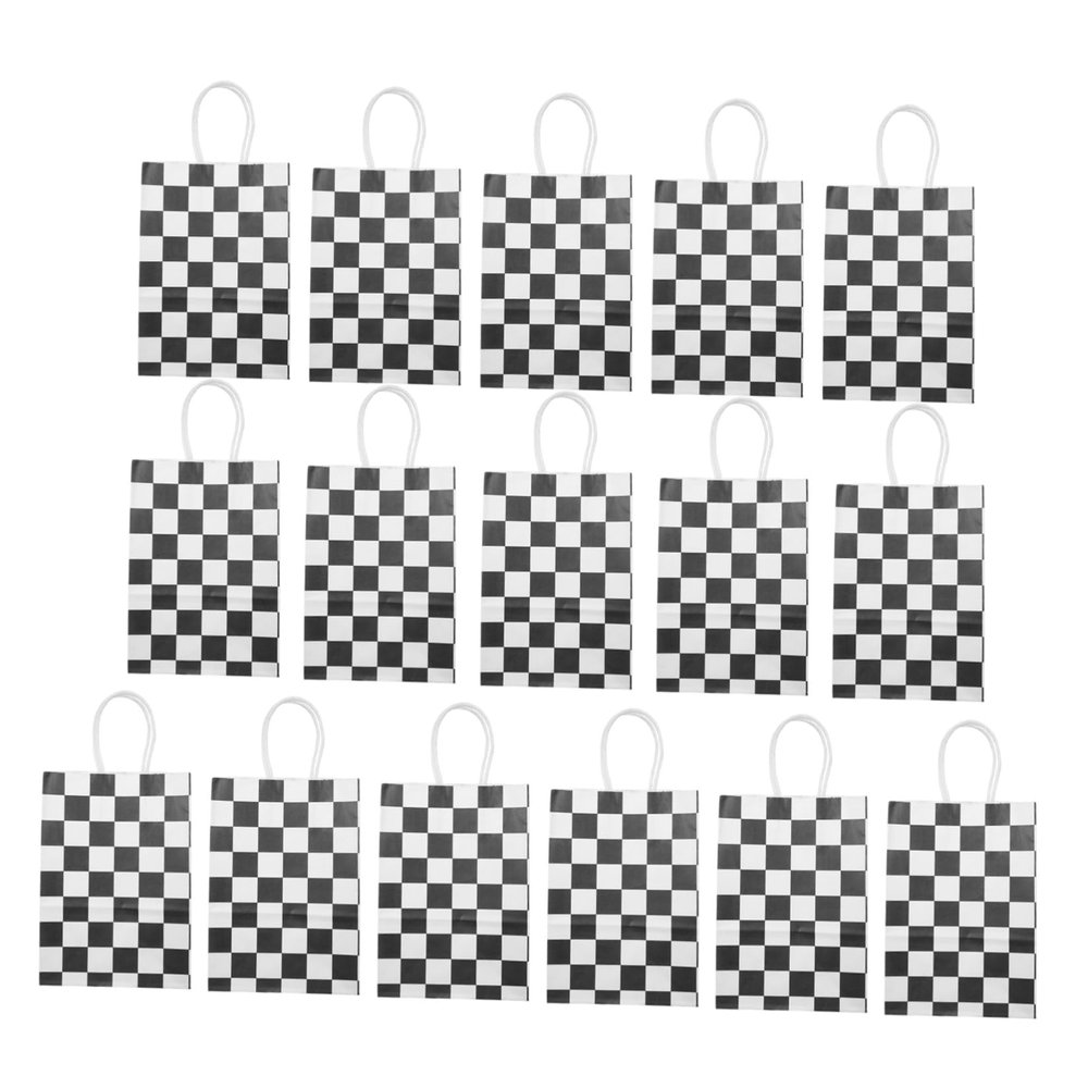 DOITOOL 16pcs Checkered Racing Party Favor Bags with Handles, Kraft Paper Bags Featuring Fine Craftsmanship and Stable Base, for Cars Birthday Party Wrapping and Treats