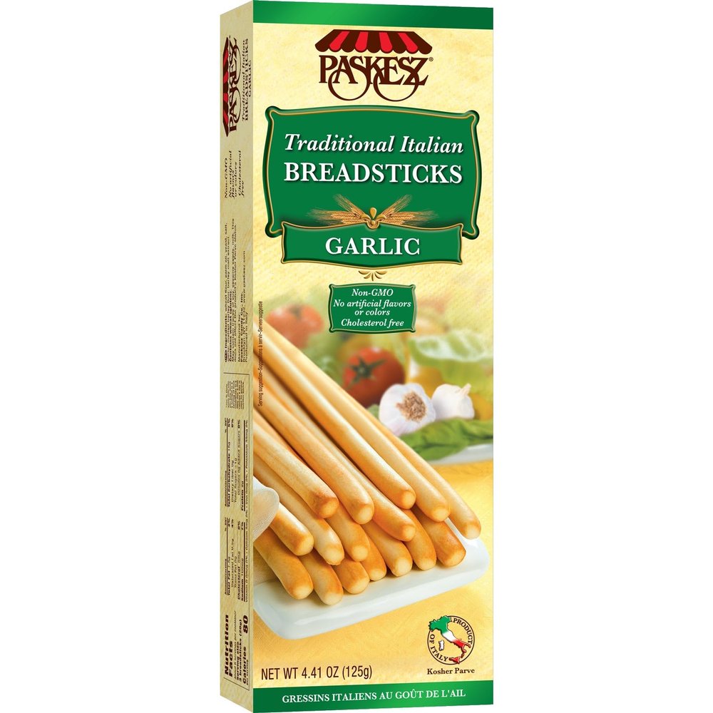 DOUzzle Kosher, Traditional Italian Garlic Breadsticks, Crunchy Grissini Bread Sticks, (4.4 oz, 1 Pack), Non-GMO, No Artificial Colors or Flavors, Palitos de Pan con Ajo
