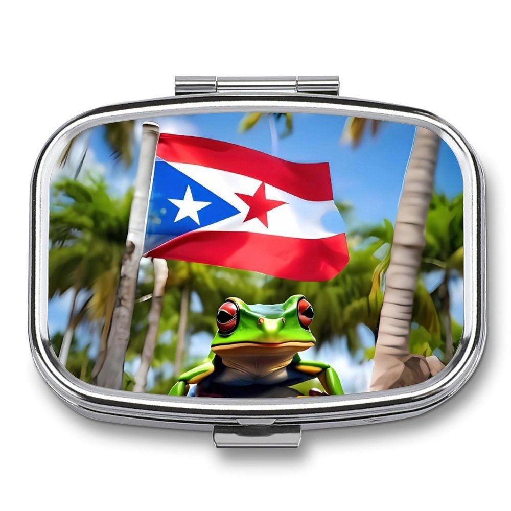 Puerto Rico Flags Frog Palm Trees Pill Box Small Pill Organizer with 2 Compartments and Mirror Portable Travel Metal Pillcase for Pocket Or Purse, Privacy-Protecting Medicine Box